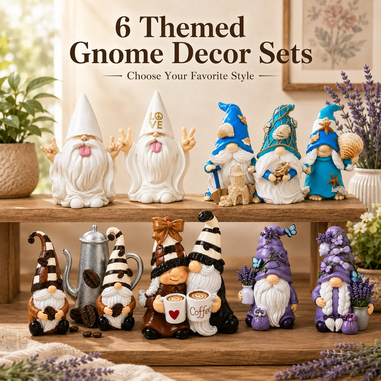 6-Piece Decorative Durable Gnome Set - Rock, Love, Ocean, Coffee Couple, Lavender Themes - Resin Shelf & Garden Figurines & Miniatures, Ornaments Gift