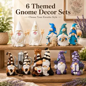 6 Themed Gnome Set – Rock, Love, Ocean, Coffee Couple & Lavender Decor – Resin Shelf & Garden Figurines Gift