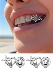 2pcs Top Tooth Caps，Women's Teeth Grillz Set, Hollow Heart Star Design, Copper Material, Hip Hop Fashion Jewelry