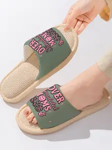 Retro Pink & Green "Over Stimulated Moms Club" Slogan | Playful Mom Style 1 Pair Linen Breathable Non-Slip Sweat-Absorbent Home Slippers For Moms/Trendy Mamas/Girl's Gifts (Spring Summer/Lounging/Gifting)