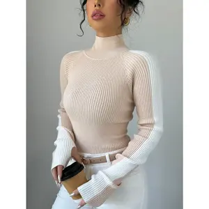 Women's Colorblock Mock Neck Sweater - Slim Fit Ribbed Knit Long Sleeve Pullover Top - Beige White Contrast Design - Stylish Lightweight Soft Stretchy Fall Winter Basic Jumper - Trendy Casual Elegant Knitwear for Work Date Travel Layering Style Piece