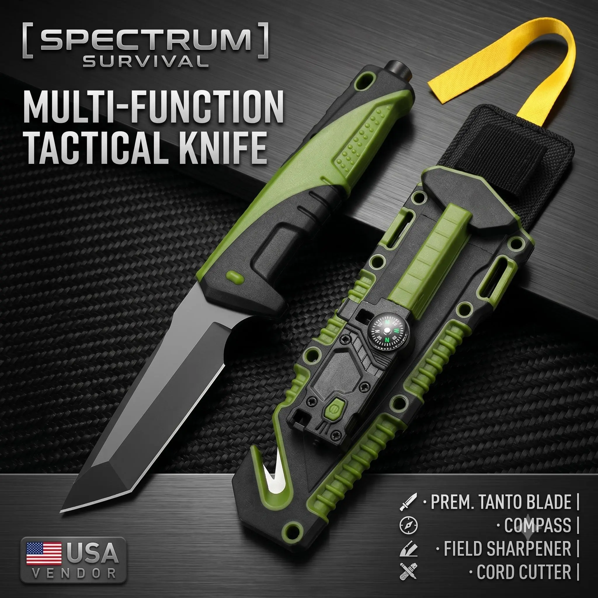 LoboForge Survival Knife for Adults, Stainless Steel Tactical Fixed Blade with Non-Slip Grip & 8-in-1 Sheath (Fire Starter, Flashlight, Compass) for Camping & Hiking