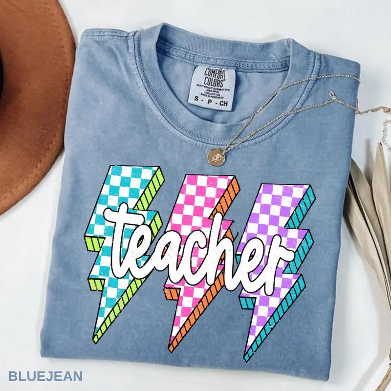 Lightning Bolt Teacher T-Shirt Comfort Colors, Back To School Tee, Neon Teacher Shirt, Retro Teacher Tee, Gift For Her, Graphic Round Neck Tee