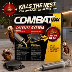 Combat Max Defense System Small Roach Killing Bait & Gel Kit - 12 Bait Stations, 0.42 oz Fipronil Syringe, Fast-Acting, Odor-Free, Mess-Free Application, No Vapor or Fumes