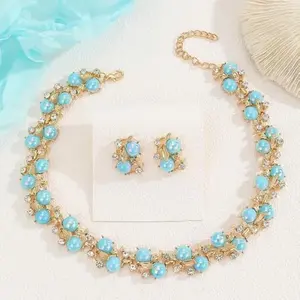 Fashion Pink Blue Purple Faux Pearls Crystal leaf Necklace Earrings Jewelry Set Crystal Wedding Jewelry Set Christmas Halloween Rhinestone Choker Necklace Earrings for Women taonga gift necklace torc necklace gift simple modern