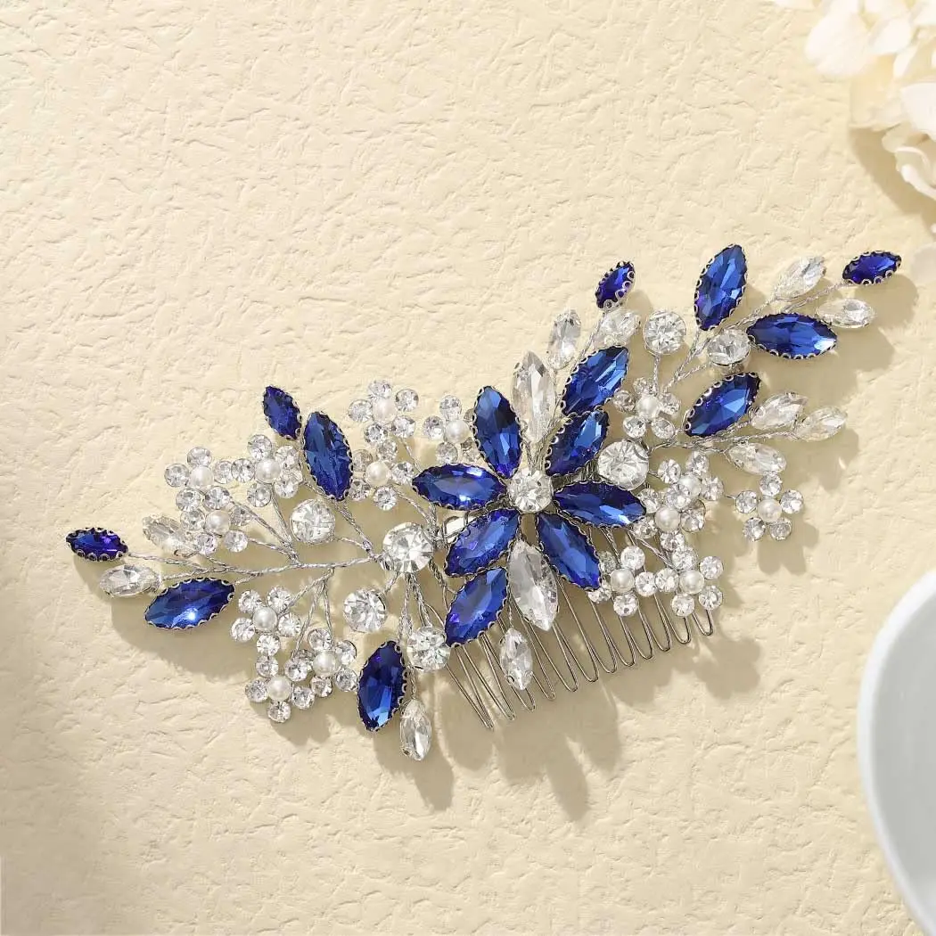 Blue Rhinestone Bridal Hair Comb  Wedding Hair Pieces Flower  Accessories for Brides and Women Pack of 1(Blue)