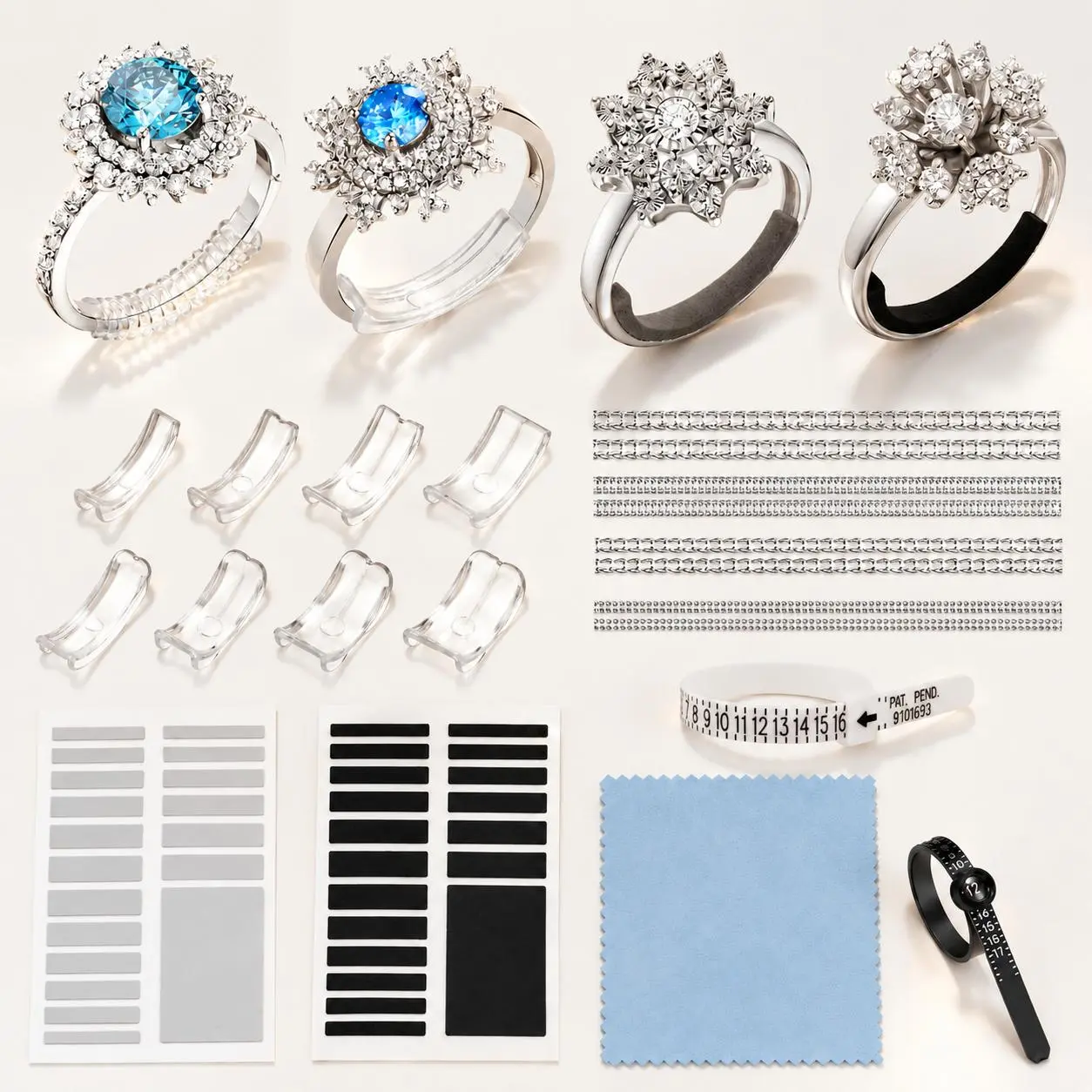 Invisible Ring Size Adjuster for Loose Rings 21Pcs, Ring Tightener Kit to Reduce Ring Size 0.5-1 Sizes, Reusable Anti-Spin Ring Resizer Inserts and Strips for Wedding, Engagement, Promise and Fashion Rings