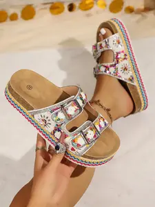 New Bohemian Rhinestone Decor Slippers, Women's Anti-Slip Thick Sole Beach Shoes, Outdoor Casual Commute Style, Spring Summer Fashion