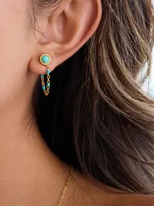 Ladies Earrings Oil Dripping Blue Turquoise Tassel Pendant Stainless Steel 18k Gold Plated Waterproof Anti Allergy Retro Charm Elegant Banquet Jewelry Gift
