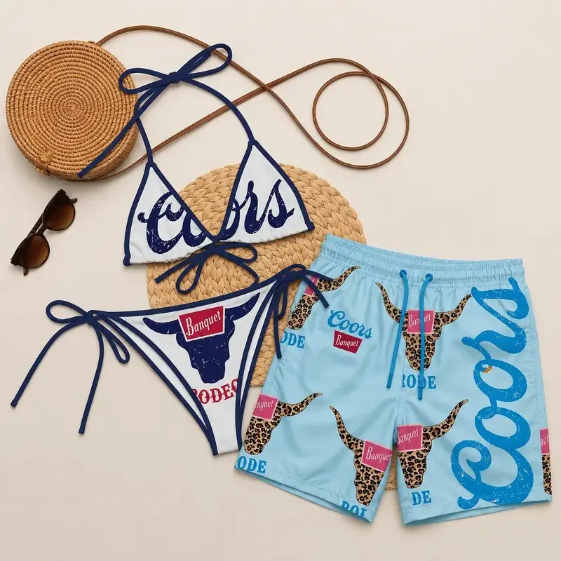 Coors Couples Matching Swimsuits, Bikini Set & Men's Beach Shorts, Summer Vacation Swimwear, Hawaiian Beach Outfit, Matching Couple Swimwear, Tropical Resort Gift