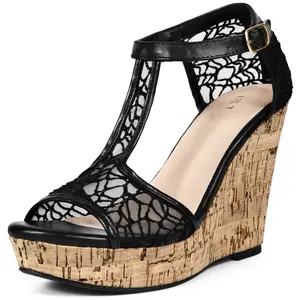 BLISSFUL STEP Lace T-Strap Platform Wedges Sandals for Women