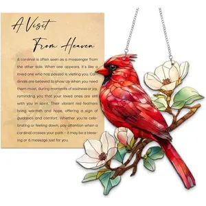 Cardinal Memorial Acrylic Suncatcher with Gift Card, Faux Stained Glass Cardinal Memorial Window Hangings Decor, Red Bird Suncatcher Gift for Loss of Loved One, Family Remembrance Ornament