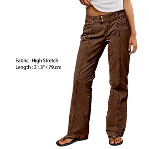 Flamingals Solid Seam Front Mid Rise Straight Leg Pants Womenswear Casual Basic Bottoms
