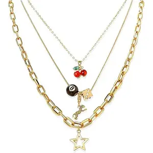 September Laurel  Y2K Necklaces Jewelry Gold Cherry Necklaces for Women Chunky Charm Streetwear Star 8 Ball Stackable Leopard Cheetah Dice Layered Gold Dainty Statement Chain Choker Trendy Birthday Jewelry Gifts