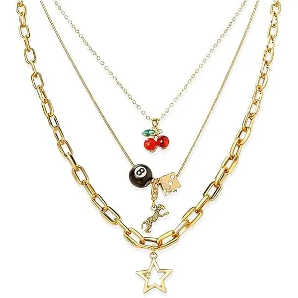 September Laurel  Y2K Necklaces Jewelry Gold Cherry Necklaces for Women Chunky Charm Streetwear Star 8 Ball Stackable Leopard Cheetah Dice Layered Gold Dainty Statement Chain Choker Trendy Birthday Jewelry Gifts