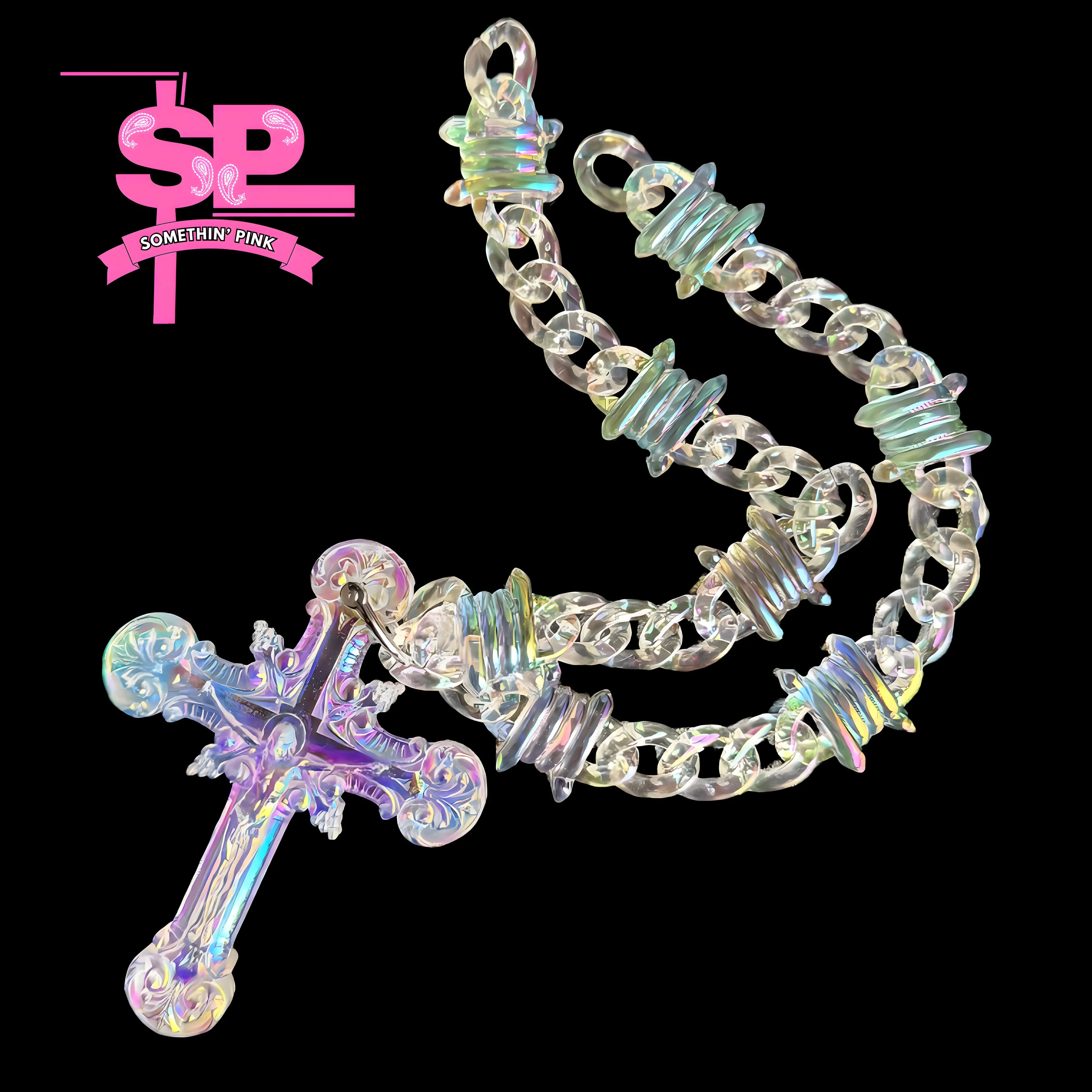 $omethin’ Pink Holy Flex Cro$$ - 22" Acrylic Barbed Wire-Style Iridescent Chain with Radiant Cro$$ Centerpiece Adjustable Links for Statement Jewelry