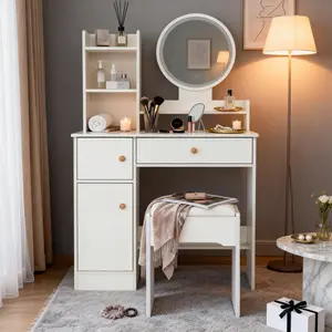 Modern White Vanity Desk Set with LED Round Mirror & Stool, Makeup Dressing Table with Drawers and Storage Shelves, Small Space Vanity Set for Bedroom, Teens & Women