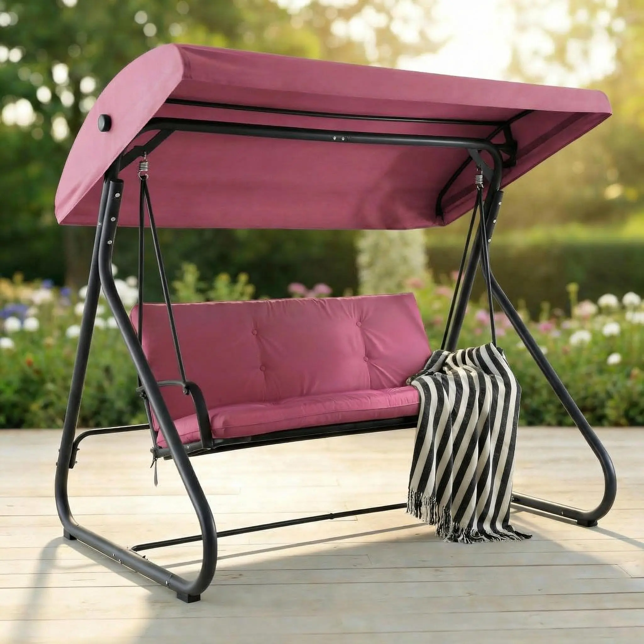 Gaomon 3-Person Outdoor Convertible Swing Glider with Canopy, Flatbed Conversion, Adjustable Shade, Removable Cushions, Heavy-Duty Steel Frame, 750 lbs Capacity for Patio, Backyard, Three-Person