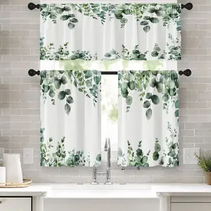 Eucalyptus Leaves Kitchen Window Curtains Valance and Tier Set 36 Inch Sage Green Watercolor Rod Pocket Pocket Short Curtain for Bathroom Spring Summer Small Cafe Drapes for Kitchen Decor