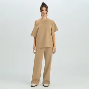 Uboutique Chic KatchMe Women's Casual Solid Color Sloping Shoulder Short Sleeve Top & Drawstring Waist Wide Leg Trousers Co-ord, Minimalist Womenswear