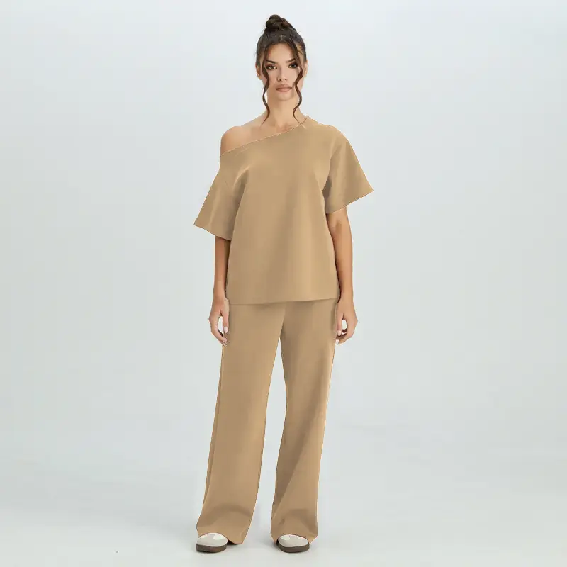 Uboutique Chic KatchMe Women's Casual Solid Color Sloping Shoulder Short Sleeve Top & Drawstring Waist Wide Leg Trousers Co-ord, Minimalist Womenswear