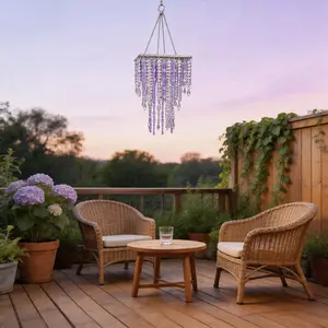 Vectolum Purple Crystal Beaded Non-lighting Chandelier, Clear & Purple Acrylic Beads Hanging Decor, Boho Style for Bedroom, Wedding, Party