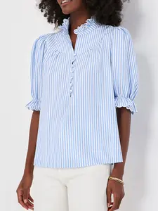 Summer Casual Loose Striped Pleated Collar Bubble Sleeve Half Button Shirt, Women's Daily Wear Top, Stylish and Comfortable