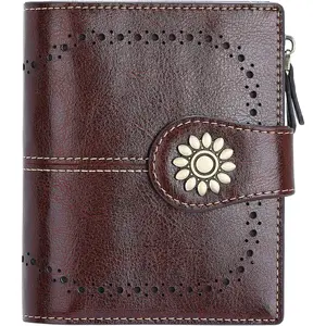 Womens Leather Wallet Small Compact RFID Blocking Credit Card Case Purse with Zipper Pocket