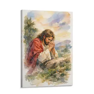 Jesus Praying Watercolor Canvas Wall Art Serene Spiritual Reflection Painting for Christian Meditation Room Decor Peaceful Faith Based Gift for Home
