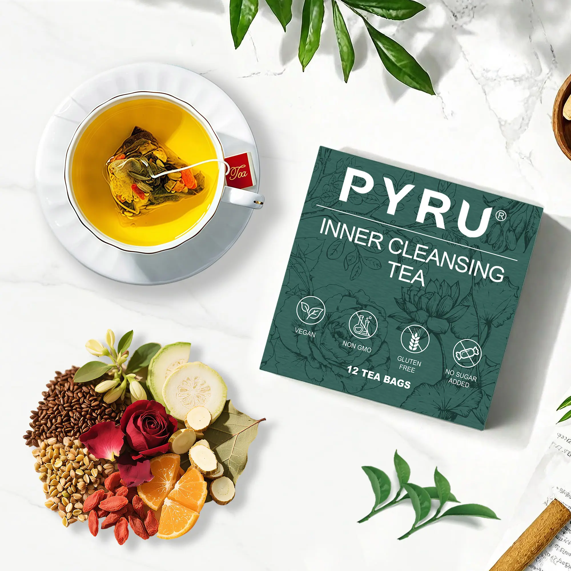 Pyru Herbal Cleansing Tea - 10 Natural Herbs for Bloating & Digestive Support Caffeine-Free Organic Vegetarian Beverage for Women & Men Chinese Herbal Formula