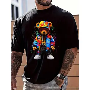 Men's Cartoon Bear Print Round Neck Tee, Regular Fit Casual Short Sleeve T-shirt, Men's Summer Top for Daily Wear