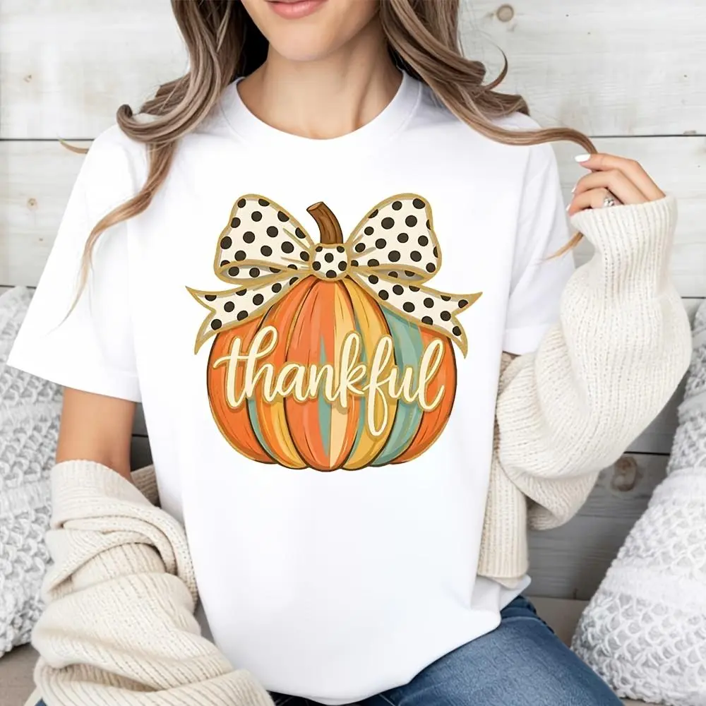 Pumpkin With Polka Dot Bow And Thankful Text, Raglan Long-Sleeved T-Shirt, Thanksgiving Autumn Fall Theme, Casual Holiday Party Wear