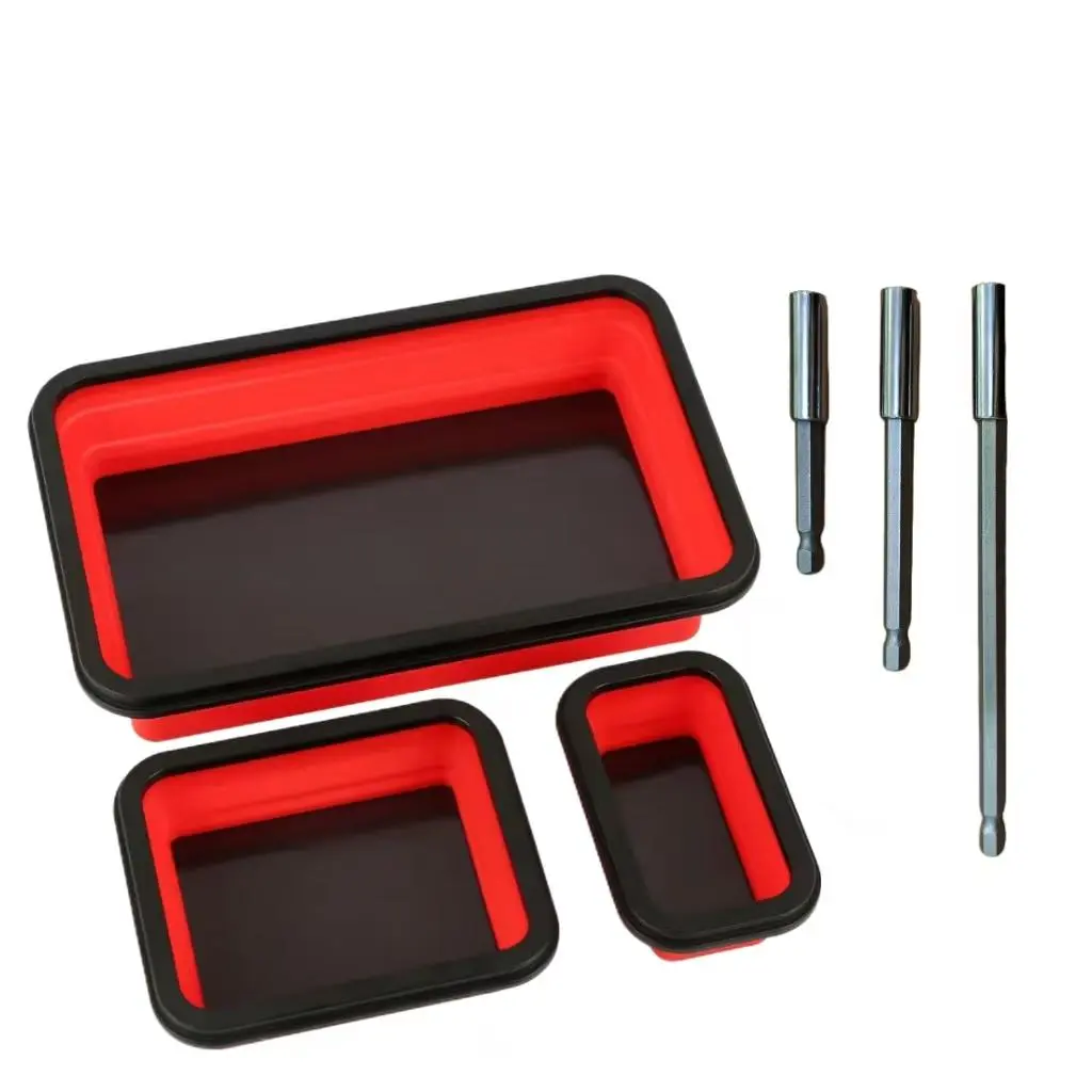 3-Piece Magnetic Storage Box Set with 3 Silver Color Connecting Rods, Foldable Silicone Trays for Screw and Tool Organization, Durable and Portable Design