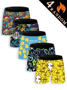 Men's Random Briefs Set, Cartoon Graffiti Duck Prints, Fashion Breathable Comfort Sports Underwear, High Elasticity Quick-Dry