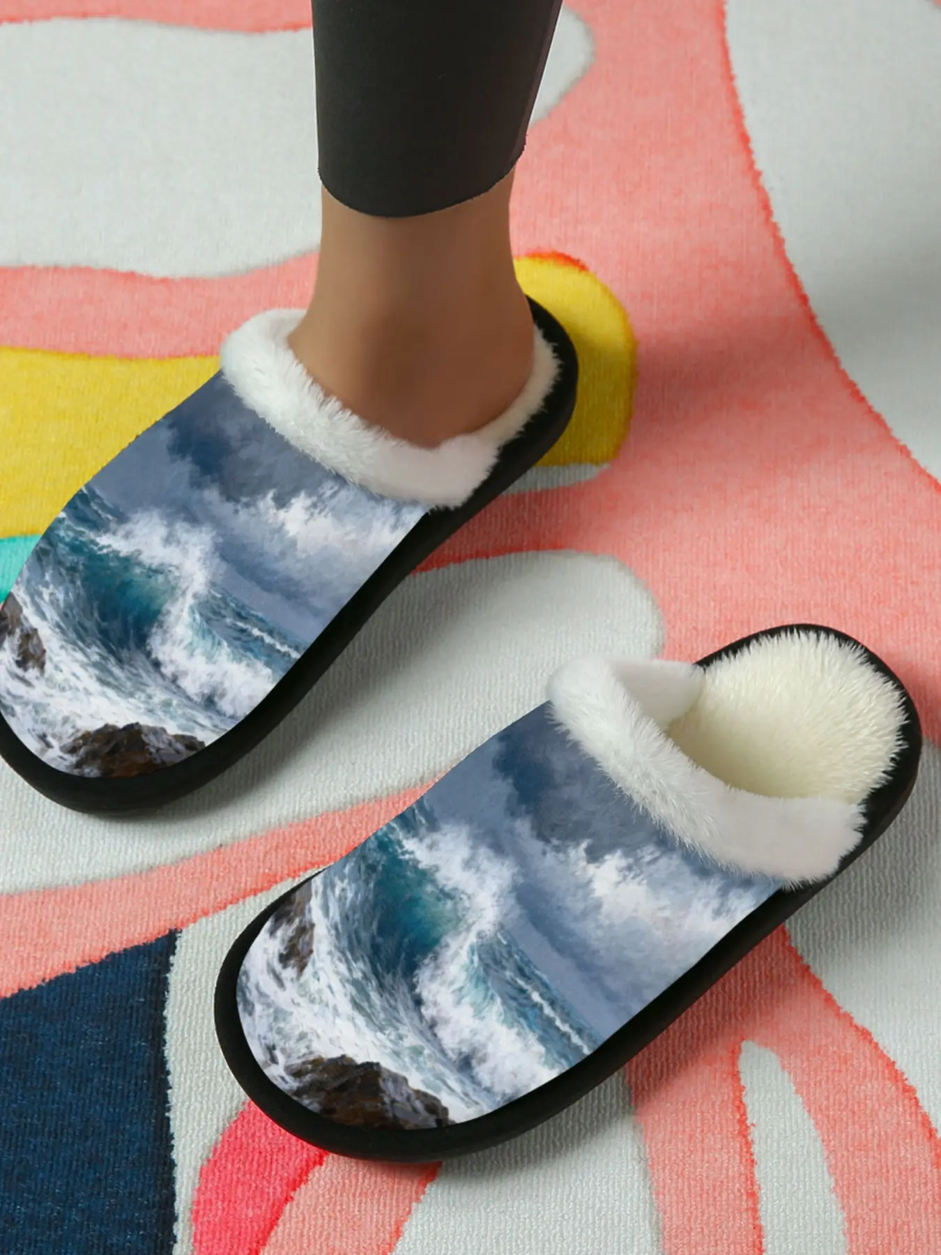 Wave Reef Printed Cotton Slippers, Plush Lined Anti-Slip Thick Sole, Casual Home Warm Shoes for Men and Women, Fall Winter