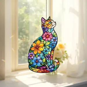 Floral Cat Suncatcher, Hologram Window Decoration, Rainbow Light