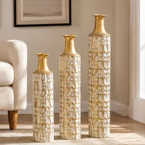 ARCH Decorative Metal Vases Set of 3, 24/28/32.3 Inch Tall Floor Vases with Gold Leaf Pattern, White & Gold Home Decor Vases for Living Room Entryway, Modern Farmhouse Metal Vase Set for Pampas Grass, Metal Material, Product Weight: Not Applicable lb