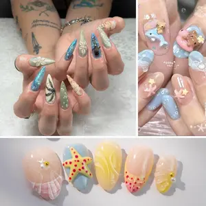 Ocean Summer Press On Nails Set, 3D Seashell Starfish Beach Nails, Cute Kawaii Jelly Nail Art, Mermaid Coastal Fake Nails Gift For Women Open For Sale!