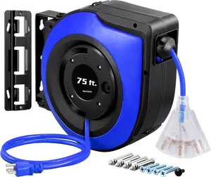 Retractable Extension Cord Reel, 75 FT Heavy Duty Power Cord, 14/3C SJTOW Retractable Cord Reel, Lighted Triple Outlets, 10A Circuit Breaker, Wall/Ceiling Mount, UL Listed, Blue