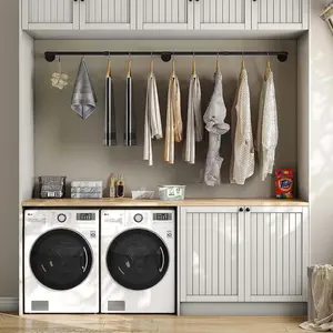 Black Laundry 72'' Wall Mounted Clothes Rack Industrial Pipe Hanging Rod for Storage Hanger Installation Shelf Hangable Metal Organiser Iron Pipe Garment Rack - Room