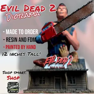 Evil Dead 2 Ash Williams Diorama | 12” Hand-Painted Horror Collectible | Cabin Scene with Chainsaw & Necronomicon