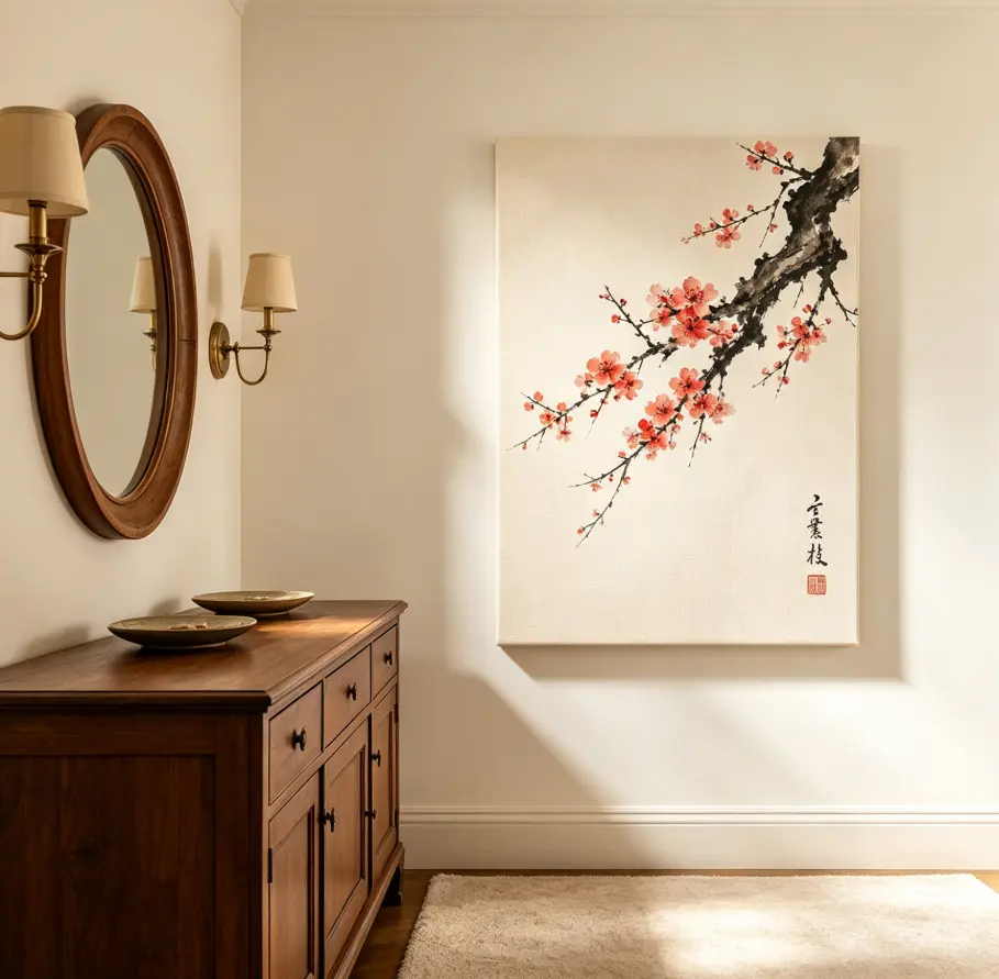 Cherry Blossom Poster - Japanese Floral Minimalist Sumi-e Ink Wash Sakura Print for Home Decor Room Decorations