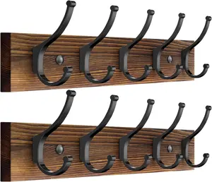 2 Pack Wall Mounted Wooden Coat Rack, 16.1" Rustic Coat Hanger with 10 Double Hooks, Wall Rack for Hanging Hat, Clothes, Bags, Jacket, Brown