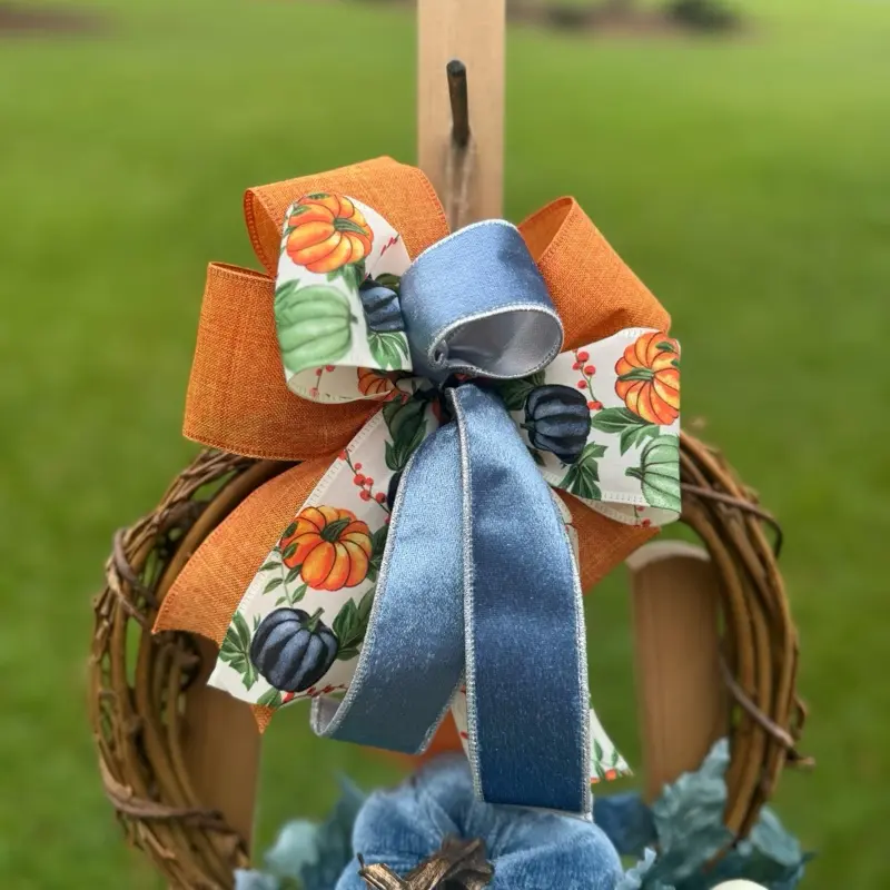 Fall Door or Wall Wreath with Blue Pumpkin Ribbon and Blue & Orange Accent Bow Decorative Accessory