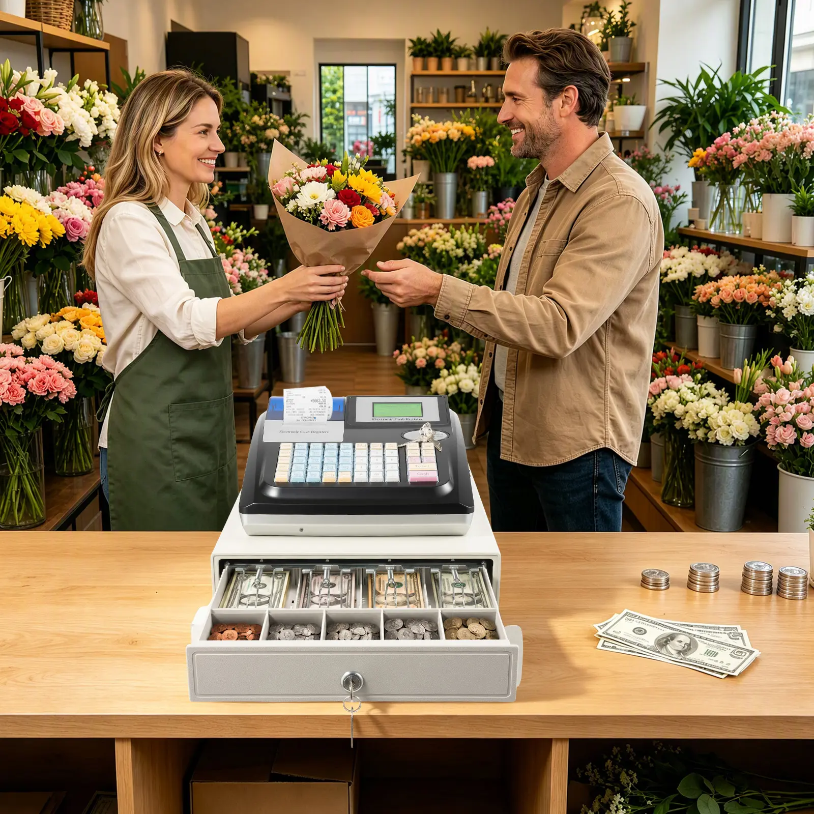 Black Electronic Cash Register POS System, 48 Keys, Dual Display, Built-in Thermal Receipt Printer, USB & RS232 Ports, US Plug, for Supermarket, Restaurant, Cafe, Retail Convenience Store Small Business