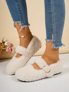 Japanese Style Soft Plush Mary Jane Shoes for Women, Fall Winter Warm Round Toe Slip-On Single Shoe with Cute Faux Fur Lining