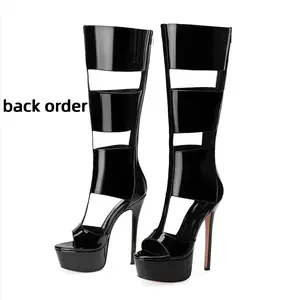 Women's Knee High Gladiator Boots Open Toe Platform Stiletto Heel Cutout Black PU & Patent Leather Sandal Boots