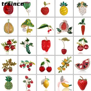 LUXJELWEL - Fashion Pearl Fruit Brooch Grape Cherry Pin Rhinestone Drip Oil Corsage Pineapple Pomegranate Lotus Flower Mushroom Brooches