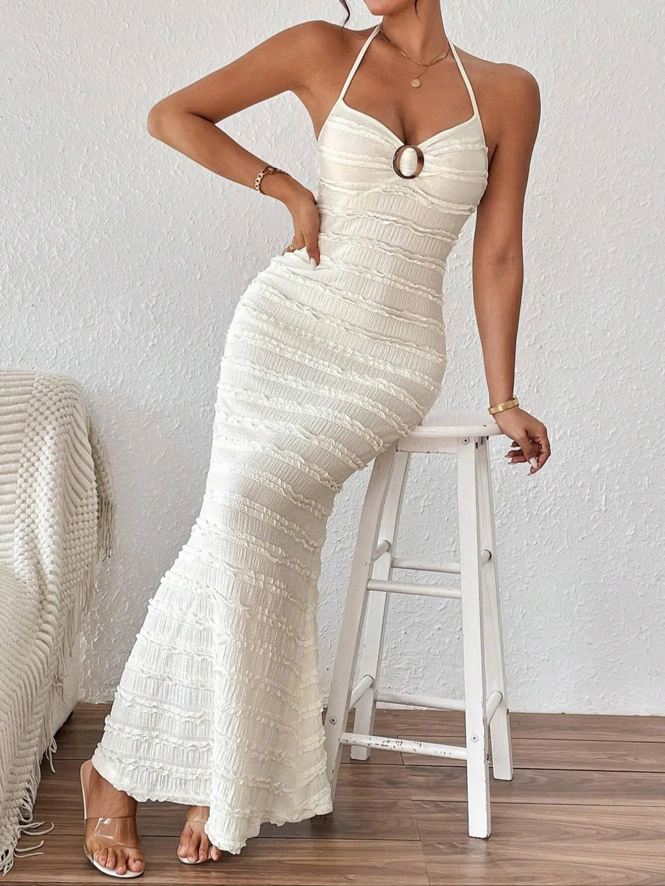 Women's Summer Backless Ruched Dress with Round Ring, Ruffled Hem, Elegant Sleeveless Long Maxi Dress, Casual Daily Wear Fish Tail Style - TikTok Shop Women's Summer Backless Ruched Dress with Round Ring, Ruffled Hem, Elegant Sleeveless Long Maxi Dress, Casual Daily Wear Fish Tail Style - TikTok Shop