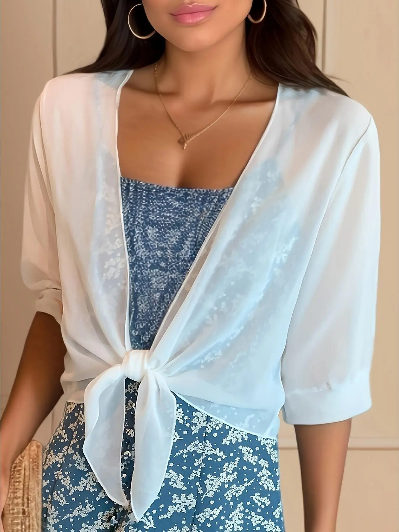 Women's Open-Front Chiffon Cardigan - Summer Half-Sleeve Short Tie-Knot Shrug, Ultra-Thin Sheer Lightweight Sunscreen Cover-Up for Dresses, Swimwear